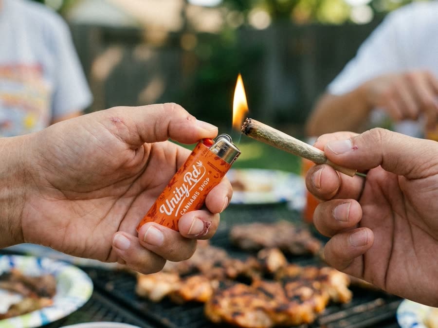 Unity Rd. friends sharing a backyard cookout with a Unity Rd. lighter
