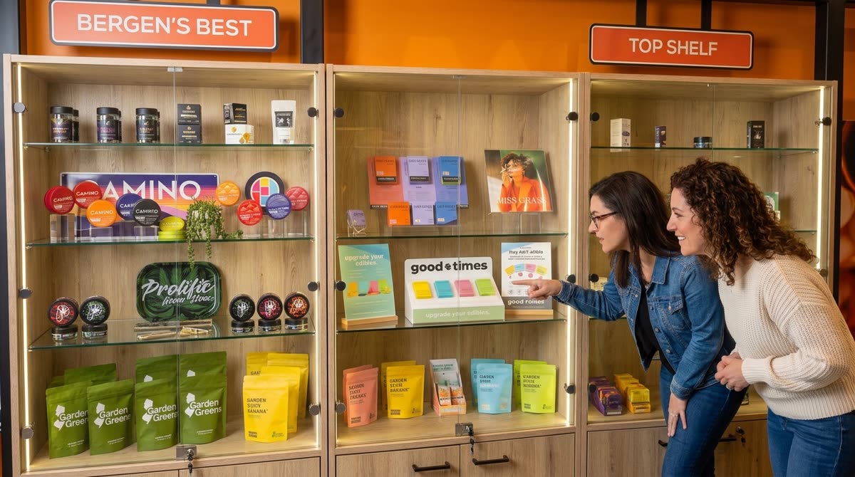 Premium cannabis products on the Bergen's Best and Top Shelf display walls at Unity Rd.