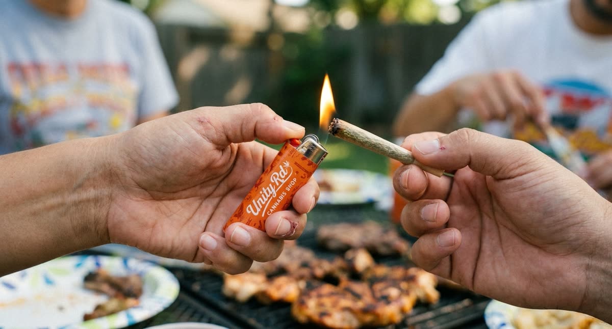 Friends sharing a backyard cookout with a Unity Rd. lighter